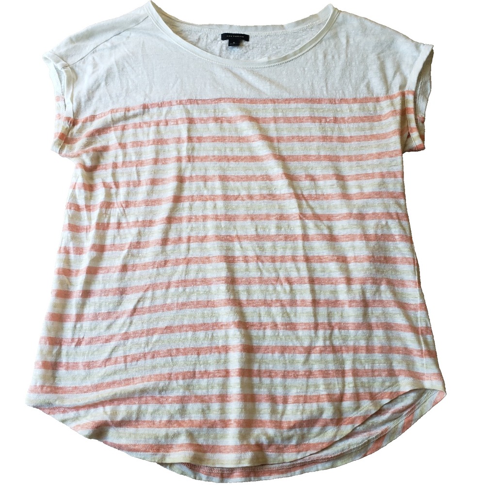 Ann Taylor 100% Linen Striped Short Sleeve Top Sz S Boho Beachy Coastal Resort